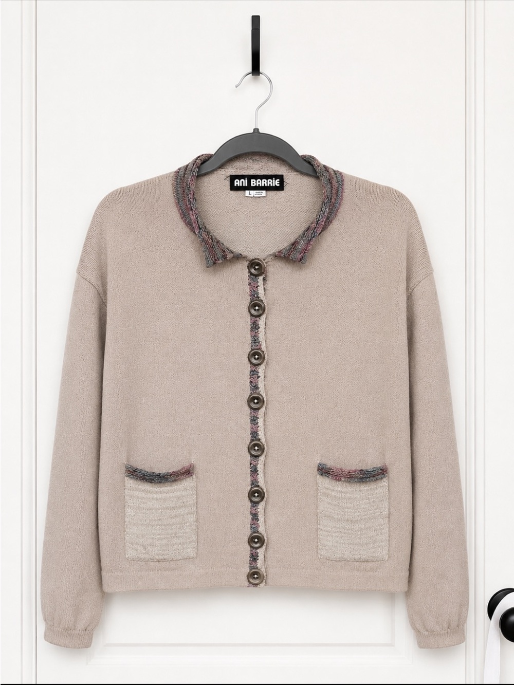 Taupe Button-Front Cardigan with Contrast Trim